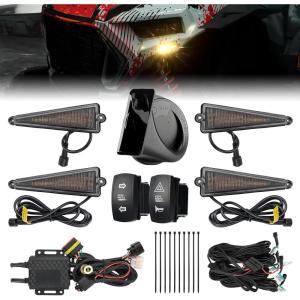 imageKEMIMOTO UTV Turn Signal Kit with 110D Horn PreWired Plug and Play UTV ATV Blinker with Rocker Switch Triangle Universal Street Legal Turn Signals Compatible with Polaris CanAm Teryx CFMOTO