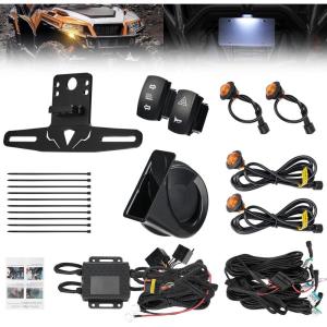 imageKEMIMOTO UTV Turn Signal Kit with 110D Horn and License Plate Holder with Light PreWired Plug and Play UTV ATV Blinker with Rocker Switch Compatible with Polaris CanAm Teryx CFMOTO