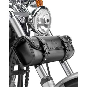 imageKEMIMOTO Motorcycle Tool Fork Bag PU Leather Universal Saddlebag for Front Fork Handlebar Sissybar Storage Pouch Motorcycle Roll BagBlack