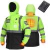imageKEMIMOTO Hi Vis Heated Safety Jacket Men with Battery Longer Waterproof Winter jacket High Visibility for Work OutdoorLime