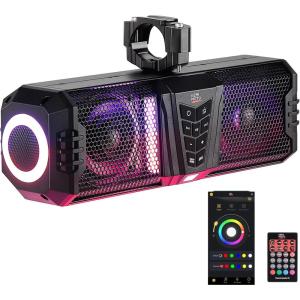 imageKEMIMOTO 2025 Midnight 80 32inch UTV Sound Bar IP65 Water Resistant Golf Cart Sound Bar ATV Speaker Bluetooth with RGB SxS Soundbar Compatible with Polaris RZR CanAm w 12 in Roll Bar16 inches