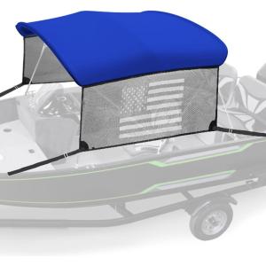imageKEMIMOTO 3 Bow Bimini Top Replacement with Detachable Mesh Sidewalls 600D Marine Grade Canvas Heavy Duty Cover Boat Canopy Waterproof Sun Shade Easy Install Without Frame for Boats Blue 67quot72quot Wblue