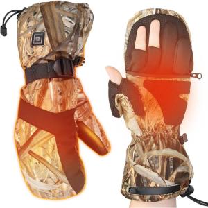 imageKEMIMOTO Heated Hunting Gloves Camo Flip Fingerless Mittens for Men Women Rechargeable with 2 Batteries 3 Heat Settings