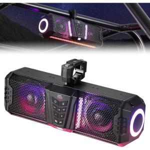 imageKEMIMOTO Midnight 40 16inch IP66 Waterproof UTV Sound Bar Louder RGB 2Speaker Audio Music Sync Multicolor Light Sound System with Bluetooth for UTV ATV Golf Cart Boat w12 Roll Bar Black