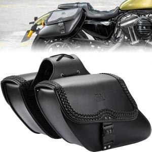 imageKEMIMOTO Motorcycle Saddlebags Synthetic Leather Side Bag with Lock 28L Waterproof Double Strap Studded Slant Saddle Bags Avoiding the Turn Signal for Sportster Black