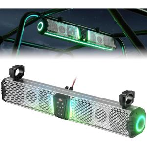 imageKEMIMOTO Midnight S80 32Inch Aluminum UTV Sound Bar IP66 65Hz Deep Bass Multicolor Lights Music Sync App Control Bluetooth Soundbar for UTV Golf Cart Marine Boat with 12 Roll Bar