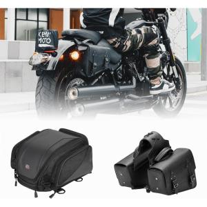 imageKEMIMOTO Motorcycle Tail Bag Expandable Bundle with Leather Motorcycle Saddlebags for Sportster Softail Dyna Cruiser