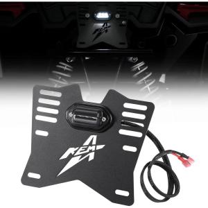 imageKEMIMOTO No Drill ATV UTV License Plate Holder with Light Clamp Mount Aluminum Upgrade Lighted License Plate Bracket Compatible with Talon Sportsman Can am X3 defender Polaris Ranger RZR Golf Carts