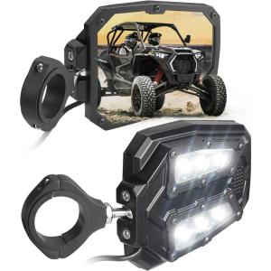 imageKEMIMOTO UTV Side Mirror Lights Rear View for 175  2 Roll Cage Bar Break Away With Ball Joint LED Light Compatible With Polaris RZR Ranger CanAm X3 Teryx