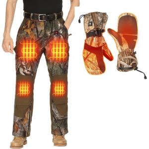 imageKEMIMOTO Heated Hunting Gloves Camo Flip Fingerless Mittens for Men Women with Heated Pants for Men with Battery Pack Winter Waterproof Pants Padded Knees Design for Hunting Hiking and Camping