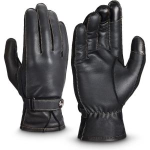 imageKEMIMOTO Winter Genuine Leather Gloves for Men Sheepskin Drving Gloves Cashmere Lined for Motorcycle Riding Touchscreen Short Wrist Black M
